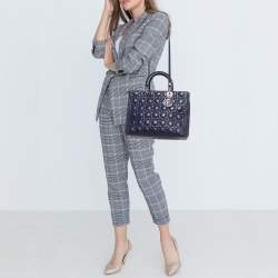 Pre Owned Dior Navy Blue Cannage Leather Large Lady Dior Tote