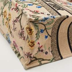 Pre Owned Dior Natural/Multicolor Raffia Embroidered Petites Fleurs Medium Book Tote