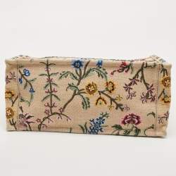 Pre Owned Dior Natural/Multicolor Raffia Embroidered Petites Fleurs Medium Book Tote