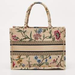 Pre Owned Dior Natural/Multicolor Raffia Embroidered Petites Fleurs Medium Book Tote