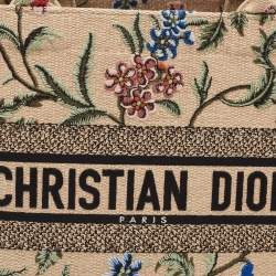 Pre Owned Dior Natural/Multicolor Raffia Embroidered Petites Fleurs Medium Book Tote