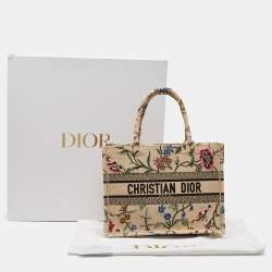 Pre Owned Dior Natural/Multicolor Raffia Embroidered Petites Fleurs Medium Book Tote