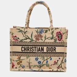 Pre Owned Dior Natural/Multicolor Raffia Embroidered Petites Fleurs Medium Book Tote