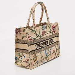 Pre Owned Dior Natural/Multicolor Raffia Embroidered Petites Fleurs Medium Book Tote