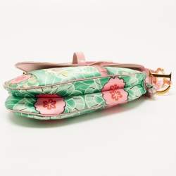Dior Pink/Green Printed Satin and Glazed Leather Limited Edition 0705 Saddle Bag
