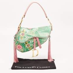 Dior Pink/Green Printed Satin and Glazed Leather Limited Edition 0705 Saddle Bag