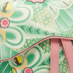 Dior Pink/Green Printed Satin and Glazed Leather Limited Edition 0705 Saddle Bag