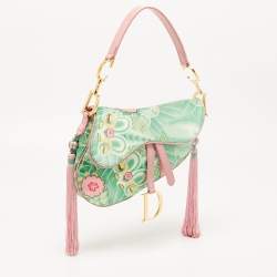 Dior Pink/Green Printed Satin and Glazed Leather Limited Edition 0705 Saddle Bag