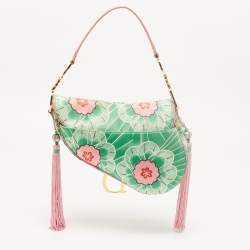 Dior Pink/Green Printed Satin and Glazed Leather Limited Edition 0705 Saddle Bag