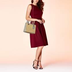 Pre Owned Dior Beige/Monochrome Woven Straw and Watersnake Medium Lady Dior Tote