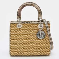 Pre Owned Dior Beige/Monochrome Woven Straw and Watersnake Medium Lady Dior Tote