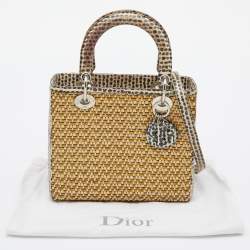 Pre Owned Dior Beige/Monochrome Woven Straw and Watersnake Medium Lady Dior Tote