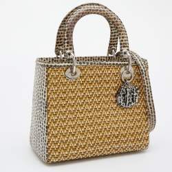 Pre Owned Dior Beige/Monochrome Woven Straw and Watersnake Medium Lady Dior Tote