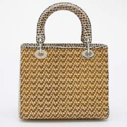 Pre Owned Dior Beige/Monochrome Woven Straw and Watersnake Medium Lady Dior Tote