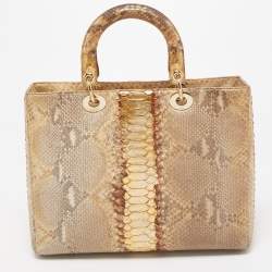 Pre Owned Dior Gold/Beige Python Large Lady Dior Tote