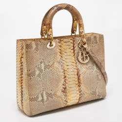Pre Owned Dior Gold/Beige Python Large Lady Dior Tote