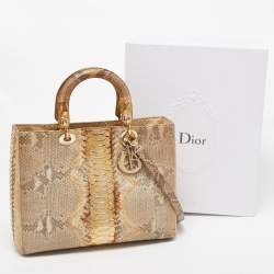 Pre Owned Dior Gold/Beige Python Large Lady Dior Tote