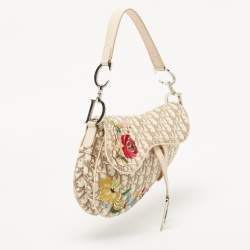 Dior Beige Oblique Canvas and Leather Floral Embroidered Saddle Bag