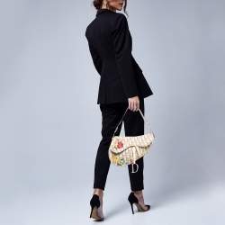 Dior Beige Oblique Canvas and Leather Floral Embroidered Saddle Bag