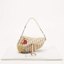 Dior Beige Oblique Canvas and Leather Floral Embroidered Saddle Bag