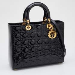 Pre Owned Dior Black Cannage Patent Leather Large Lady Dior Tote