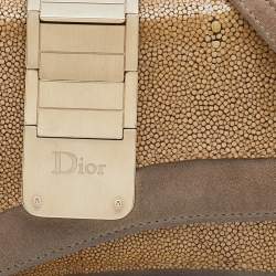 Pre Owned Dior Grey/Beige Stringray and Suede Flap Saddle Shoulder Bag