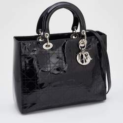 Pre Owned Dior Black Cannage Patent Leather Large Lady Dior Tote