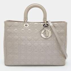 Pre Owned Dior Grey Cannage Patent Leather Extra Large Lady Dior Tote
