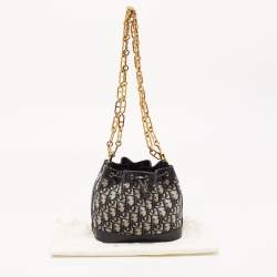 Pre Owned Dior Navy Blue Oblique Canvas and Leather Mini Bucket Bag