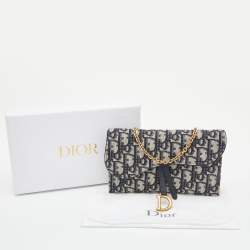 Pre Owned Dior Navy Blue Oblique Canvas and Leather Saddle Wallet On Chain