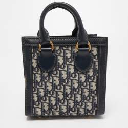 Pre Owned Dior Navy Blue Oblique Canvas and Leather Mini Tote
