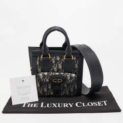 Pre Owned Dior Navy Blue Oblique Canvas and Leather Mini Tote