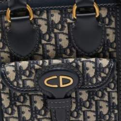Pre Owned Dior Navy Blue Oblique Canvas and Leather Mini Tote