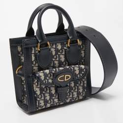 Pre Owned Dior Navy Blue Oblique Canvas and Leather Mini Tote