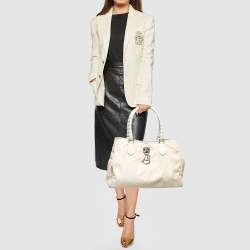 Pre Owned Dior Cream/White Oblique Nylon and Leather Lovely Tote