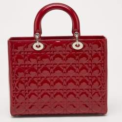Pre Owned Dior Red Cannage Patent Leather Large Lady Dior Tote