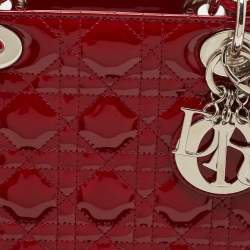 Pre Owned Dior Red Cannage Patent Leather Large Lady Dior Tote