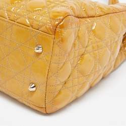 Pre Owned Dior Yellow Cannage Patent Leather Large Soft Lady Dior Shopping Tote