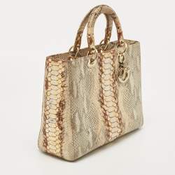 مملوكة مسبقًا Dior Gold/Beige Python Large Limited Edition Lady Dior Tote