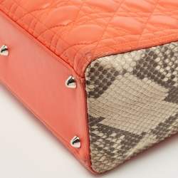 Pre Owned Dior Orange/Grey Quilted Leather And Python Large Lady Dior Tote
