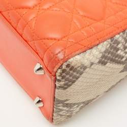 Pre Owned Dior Orange/Grey Quilted Leather And Python Large Lady Dior Tote