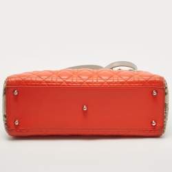 Pre Owned Dior Orange/Grey Quilted Leather And Python Large Lady Dior Tote
