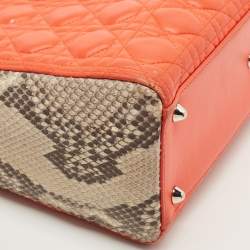 Pre Owned Dior Orange/Grey Quilted Leather And Python Large Lady Dior Tote