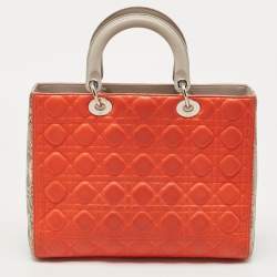Pre Owned Dior Orange/Grey Quilted Leather And Python Large Lady Dior Tote