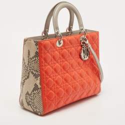 Pre Owned Dior Orange/Grey Quilted Leather And Python Large Lady Dior Tote