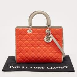 Pre Owned Dior Orange/Grey Quilted Leather And Python Large Lady Dior Tote