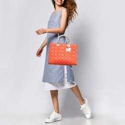 Pre Owned Dior Orange/Grey Quilted Leather And Python Large Lady Dior Tote
