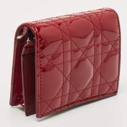 Pre Owned Dior Red Cannage Patent Leather Lady Dior Flap Card Case