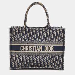 Pre Owned Dior Navy Blue Oblique Embroidered Canvas Medium Book Tote