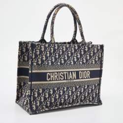 Pre Owned Dior Navy Blue Oblique Embroidered Canvas Medium Book Tote